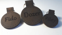 Load image into Gallery viewer, Leather Dog Tags - Round Shape - Quiet and Stylish - Natural or Darkened Letters